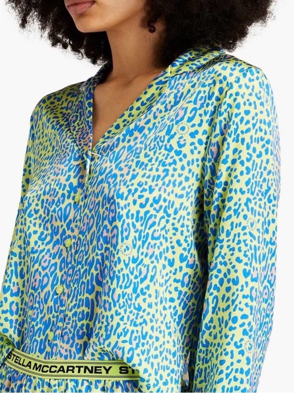 Stella McCartney Lime and Blue Leopard Satin Pajama Shirt